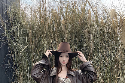 Collared Plain Faux Leather Jacket / Spaghetti Strap Print Mini A-Line Dress / Belt / Set