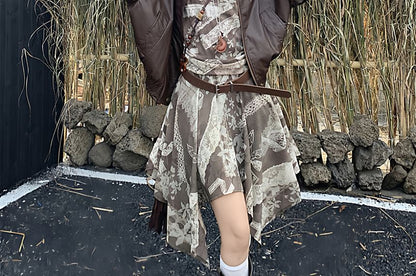 Collared Plain Faux Leather Jacket / Spaghetti Strap Print Mini A-Line Dress / Belt / Set