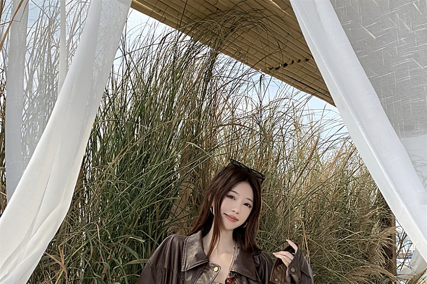 Collared Plain Faux Leather Jacket / Spaghetti Strap Print Mini A-Line Dress / Belt / Set