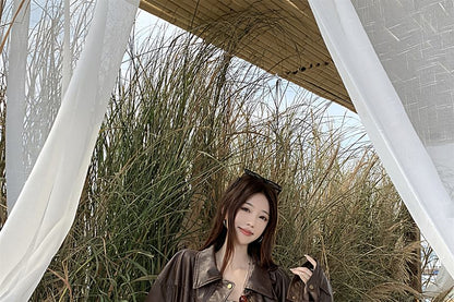 Collared Plain Faux Leather Jacket / Spaghetti Strap Print Mini A-Line Dress / Belt / Set