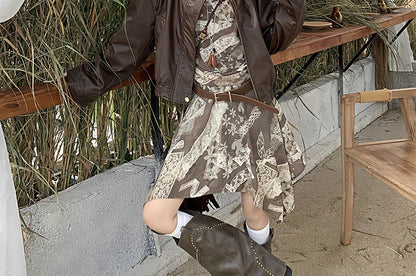 Collared Plain Faux Leather Jacket / Spaghetti Strap Print Mini A-Line Dress / Belt / Set