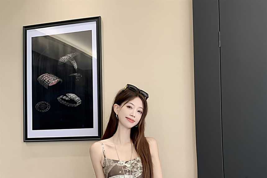 Collared Plain Faux Leather Jacket / Spaghetti Strap Print Mini A-Line Dress / Belt / Set