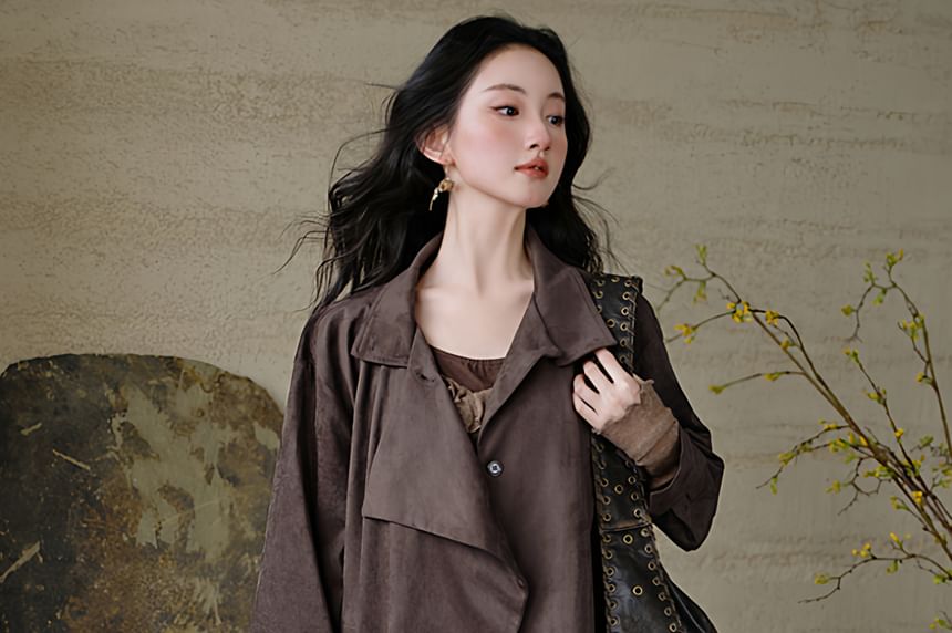 Collared Plain Single Breasted Trench Jacket / Long-Sleeve Scoop Neck Plain Ruffle Trim Top / High Waist Maxi Tiered Skirt / Set