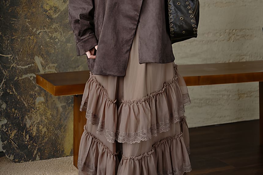 Collared Plain Single Breasted Trench Jacket / Long-Sleeve Scoop Neck Plain Ruffle Trim Top / High Waist Maxi Tiered Skirt / Set