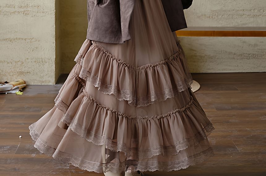 Collared Plain Single Breasted Trench Jacket / Long-Sleeve Scoop Neck Plain Ruffle Trim Top / High Waist Maxi Tiered Skirt / Set