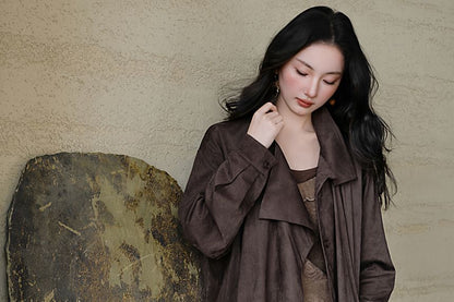 Collared Plain Single Breasted Trench Jacket / Long-Sleeve Scoop Neck Plain Ruffle Trim Top / High Waist Maxi Tiered Skirt / Set