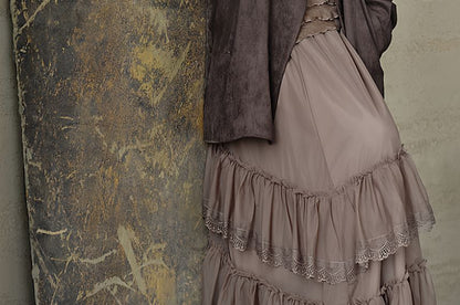 Collared Plain Single Breasted Trench Jacket / Long-Sleeve Scoop Neck Plain Ruffle Trim Top / High Waist Maxi Tiered Skirt / Set