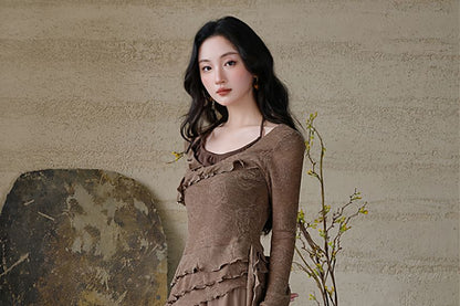 Collared Plain Single Breasted Trench Jacket / Long-Sleeve Scoop Neck Plain Ruffle Trim Top / High Waist Maxi Tiered Skirt / Set