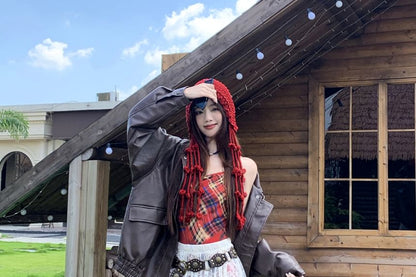 Collared Faux Leather Plain Zip Jacket / Spaghetti Strap Plaid Maxi A-Line Dress / High Waist Lace Maxi Skirt / Belt / Set