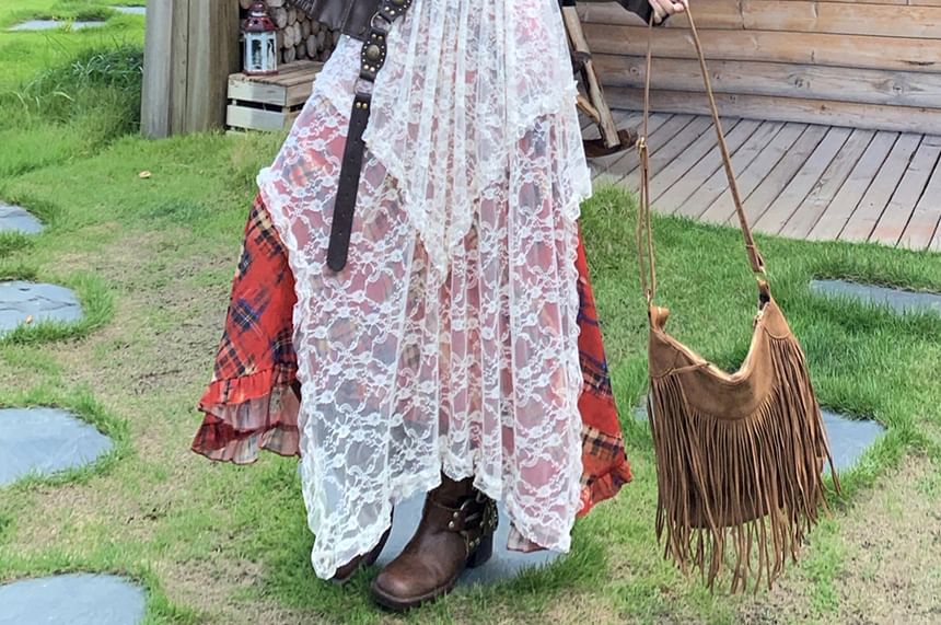 Collared Faux Leather Plain Zip Jacket / Spaghetti Strap Plaid Maxi A-Line Dress / High Waist Lace Maxi Skirt / Belt / Set