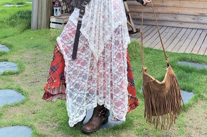 Collared Faux Leather Plain Zip Jacket / Spaghetti Strap Plaid Maxi A-Line Dress / High Waist Lace Maxi Skirt / Belt / Set