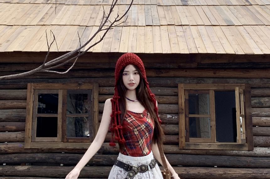 Collared Faux Leather Plain Zip Jacket / Spaghetti Strap Plaid Maxi A-Line Dress / High Waist Lace Maxi Skirt / Belt / Set