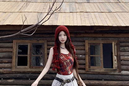 Collared Faux Leather Plain Zip Jacket / Spaghetti Strap Plaid Maxi A-Line Dress / High Waist Lace Maxi Skirt / Belt / Set