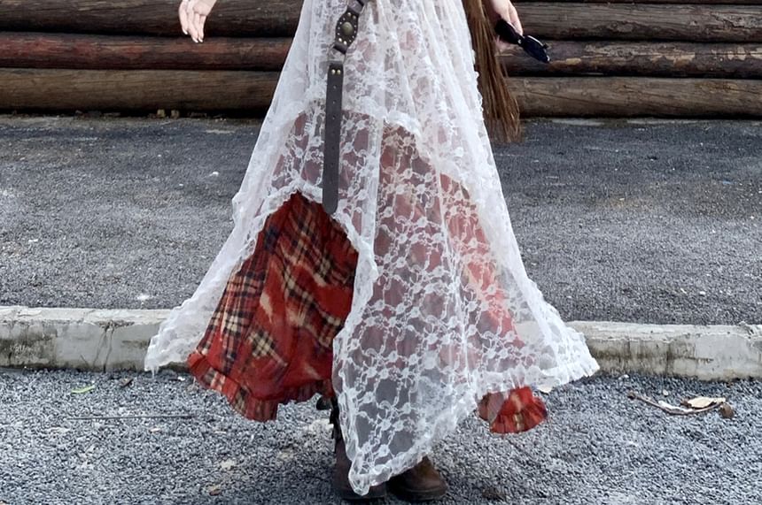 Collared Faux Leather Plain Zip Jacket / Spaghetti Strap Plaid Maxi A-Line Dress / High Waist Lace Maxi Skirt / Belt / Set