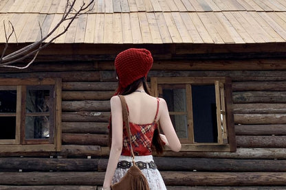 Collared Faux Leather Plain Zip Jacket / Spaghetti Strap Plaid Maxi A-Line Dress / High Waist Lace Maxi Skirt / Belt / Set