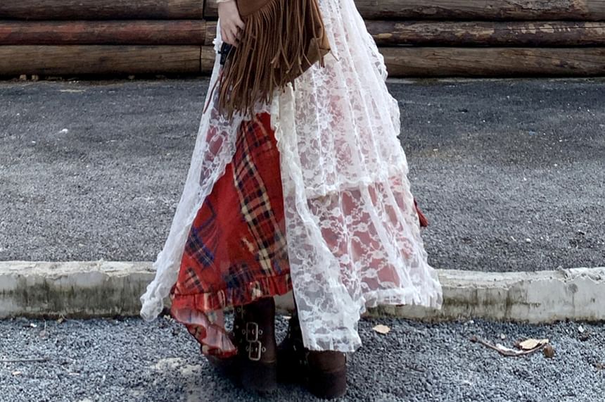 Collared Faux Leather Plain Zip Jacket / Spaghetti Strap Plaid Maxi A-Line Dress / High Waist Lace Maxi Skirt / Belt / Set