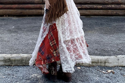 Collared Faux Leather Plain Zip Jacket / Spaghetti Strap Plaid Maxi A-Line Dress / High Waist Lace Maxi Skirt / Belt / Set