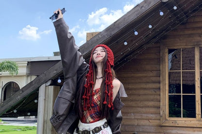 Collared Faux Leather Plain Zip Jacket / Spaghetti Strap Plaid Maxi A-Line Dress / High Waist Lace Maxi Skirt / Belt / Set