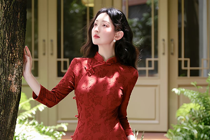 Long-Sleeve Floral Maxi Qipao / Shawl / High Waist Maxi A-Line Skirt / Set