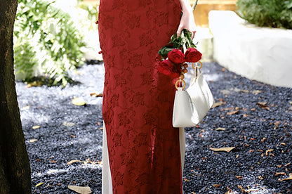 Long-Sleeve Floral Maxi Qipao / Shawl / High Waist Maxi A-Line Skirt / Set