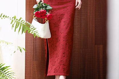 Long-Sleeve Floral Maxi Qipao / Shawl / High Waist Maxi A-Line Skirt / Set