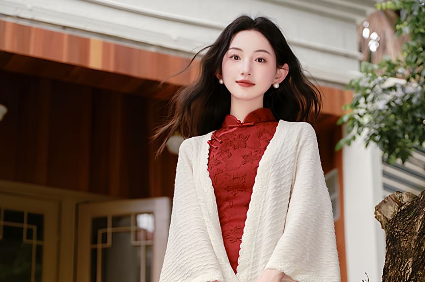 Long-Sleeve Floral Maxi Qipao / Shawl / High Waist Maxi A-Line Skirt / Set