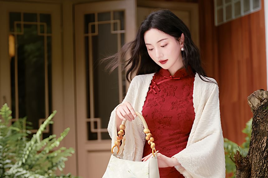 Long-Sleeve Floral Maxi Qipao / Shawl / High Waist Maxi A-Line Skirt / Set