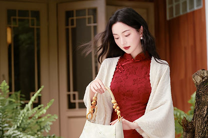 Long-Sleeve Floral Maxi Qipao / Shawl / High Waist Maxi A-Line Skirt / Set