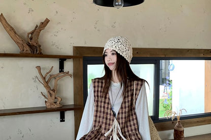 Long-Sleeve Crew Neck Plain T-Shirt / V-Neck Plaid Vest / High Rise Wide Leg Pants / Set