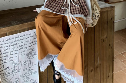 Long-Sleeve Crew Neck Plain T-Shirt / V-Neck Plaid Vest / High Rise Wide Leg Pants / Set