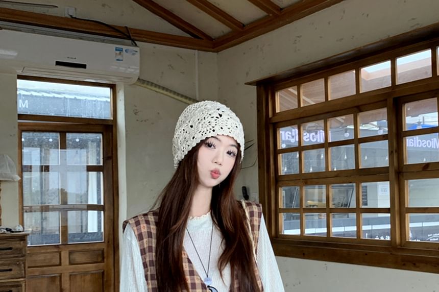 Long-Sleeve Crew Neck Plain T-Shirt / V-Neck Plaid Vest / High Rise Wide Leg Pants / Set