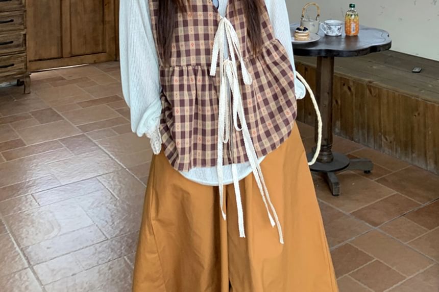 Long-Sleeve Crew Neck Plain T-Shirt / V-Neck Plaid Vest / High Rise Wide Leg Pants / Set