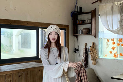 Long-Sleeve Crew Neck Plain T-Shirt / V-Neck Plaid Vest / High Rise Wide Leg Pants / Set