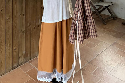 Long-Sleeve Crew Neck Plain T-Shirt / V-Neck Plaid Vest / High Rise Wide Leg Pants / Set