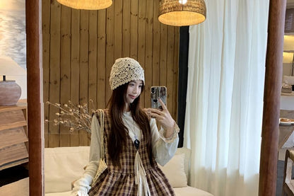 Long-Sleeve Crew Neck Plain T-Shirt / V-Neck Plaid Vest / High Rise Wide Leg Pants / Set