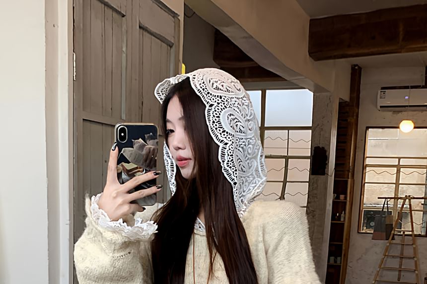 Lace Hooded Round Neck Plain Oversized Sweater / High Rise Maxi A-Line Skirt / Set