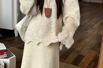 Lace Hooded Round Neck Plain Oversized Sweater / High Rise Maxi A-Line Skirt / Set
