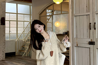Lace Hooded Round Neck Plain Oversized Sweater / High Rise Maxi A-Line Skirt / Set