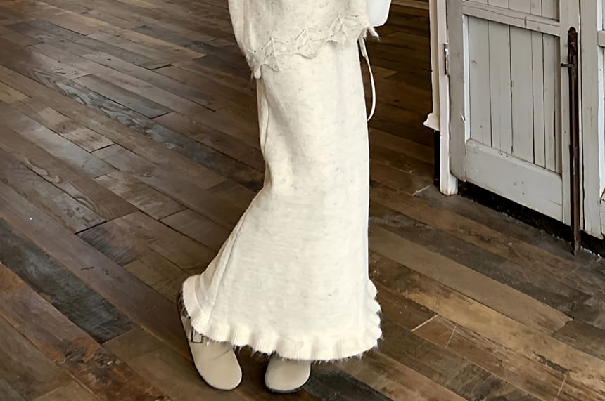 Lace Hooded Round Neck Plain Oversized Sweater / High Rise Maxi A-Line Skirt / Set