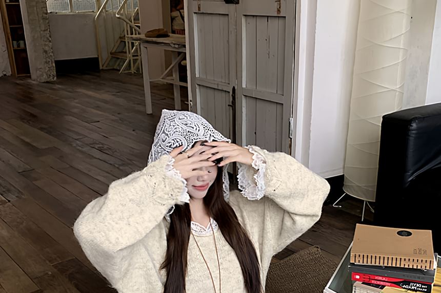 Lace Hooded Round Neck Plain Oversized Sweater / High Rise Maxi A-Line Skirt / Set