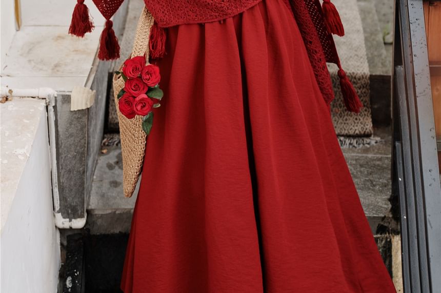 Sleeveless V-Neck Plain Maxi A-Line Dress / Tassel Cardigan / Set