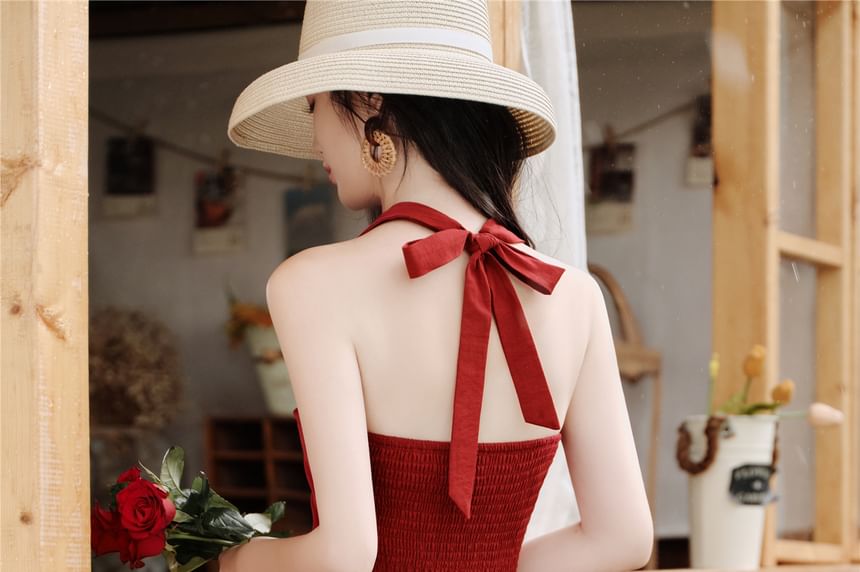 Sleeveless V-Neck Plain Maxi A-Line Dress / Tassel Cardigan / Set