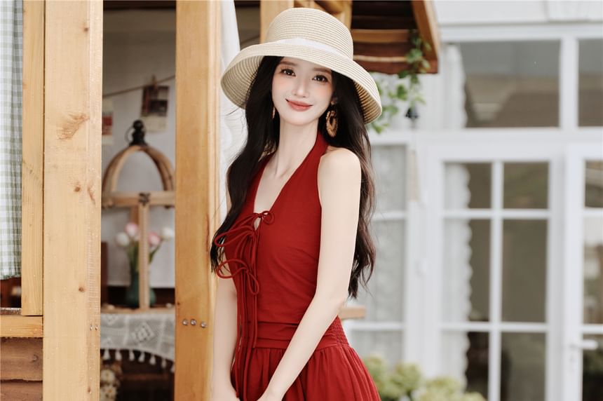 Sleeveless V-Neck Plain Maxi A-Line Dress / Tassel Cardigan / Set