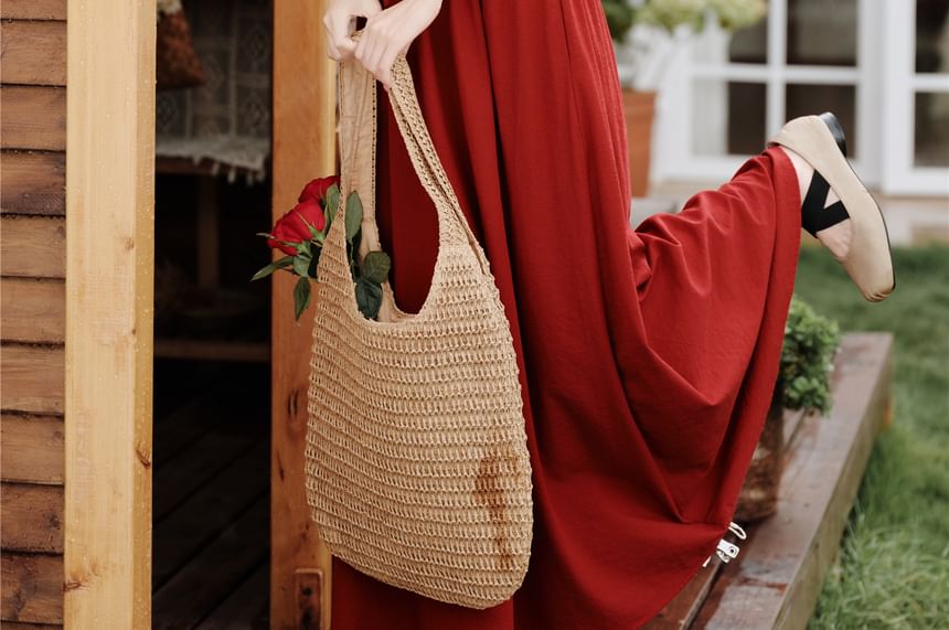 Sleeveless V-Neck Plain Maxi A-Line Dress / Tassel Cardigan / Set