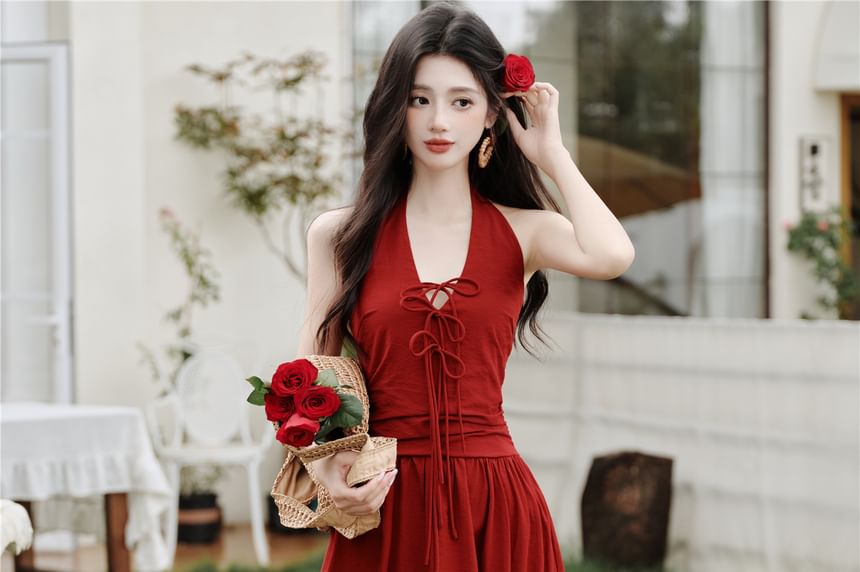 Sleeveless V-Neck Plain Maxi A-Line Dress / Tassel Cardigan / Set