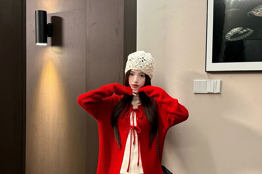 Long-Sleeve Plain Top / Crew Neck Plain Cardigan / High Waist Applique Maxi A-Line Skirt / Set