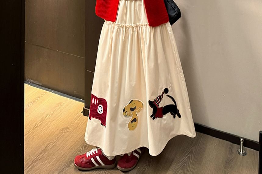 Long-Sleeve Plain Top / Crew Neck Plain Cardigan / High Waist Applique Maxi A-Line Skirt / Set