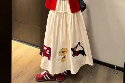 Long-Sleeve Plain Top / Crew Neck Plain Cardigan / High Waist Applique Maxi A-Line Skirt / Set