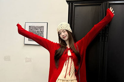 Long-Sleeve Plain Top / Crew Neck Plain Cardigan / High Waist Applique Maxi A-Line Skirt / Set