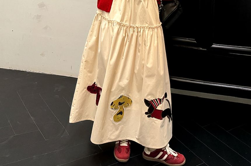 Long-Sleeve Plain Top / Crew Neck Plain Cardigan / High Waist Applique Maxi A-Line Skirt / Set